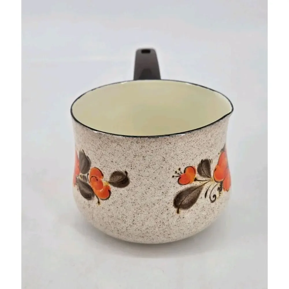 MCM Orange Flower Sanko Ware Pouring Sauce Pan Show Pans Enamel Cookware 1970s
